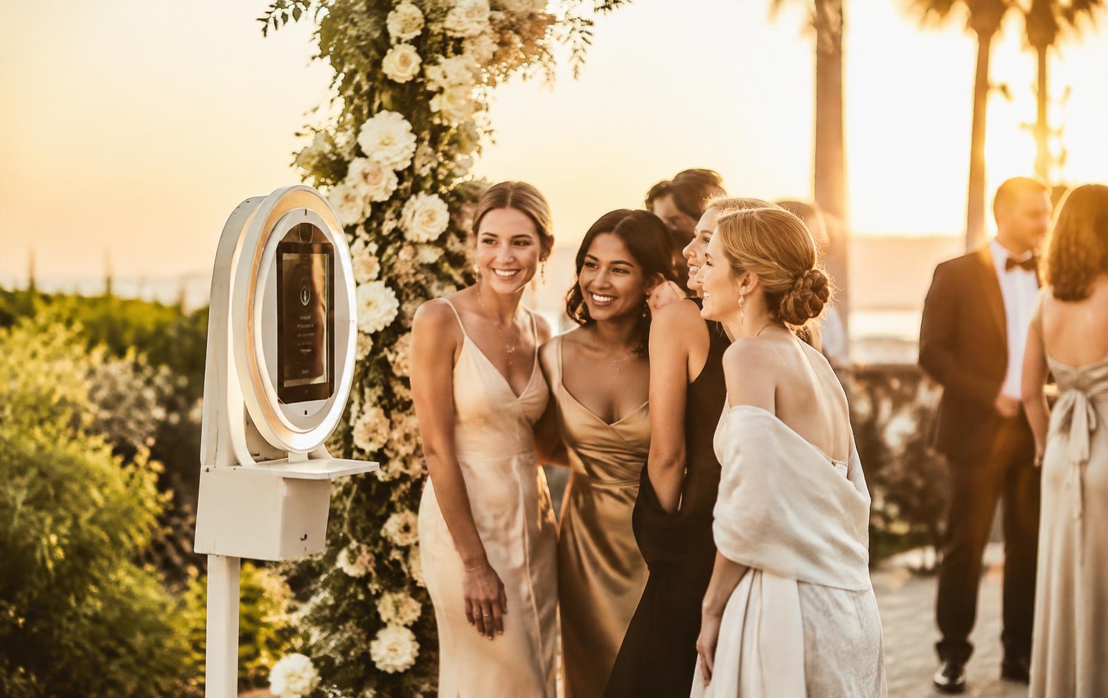 Invités d’un mariage posant devant un photobooth au coucher du soleil